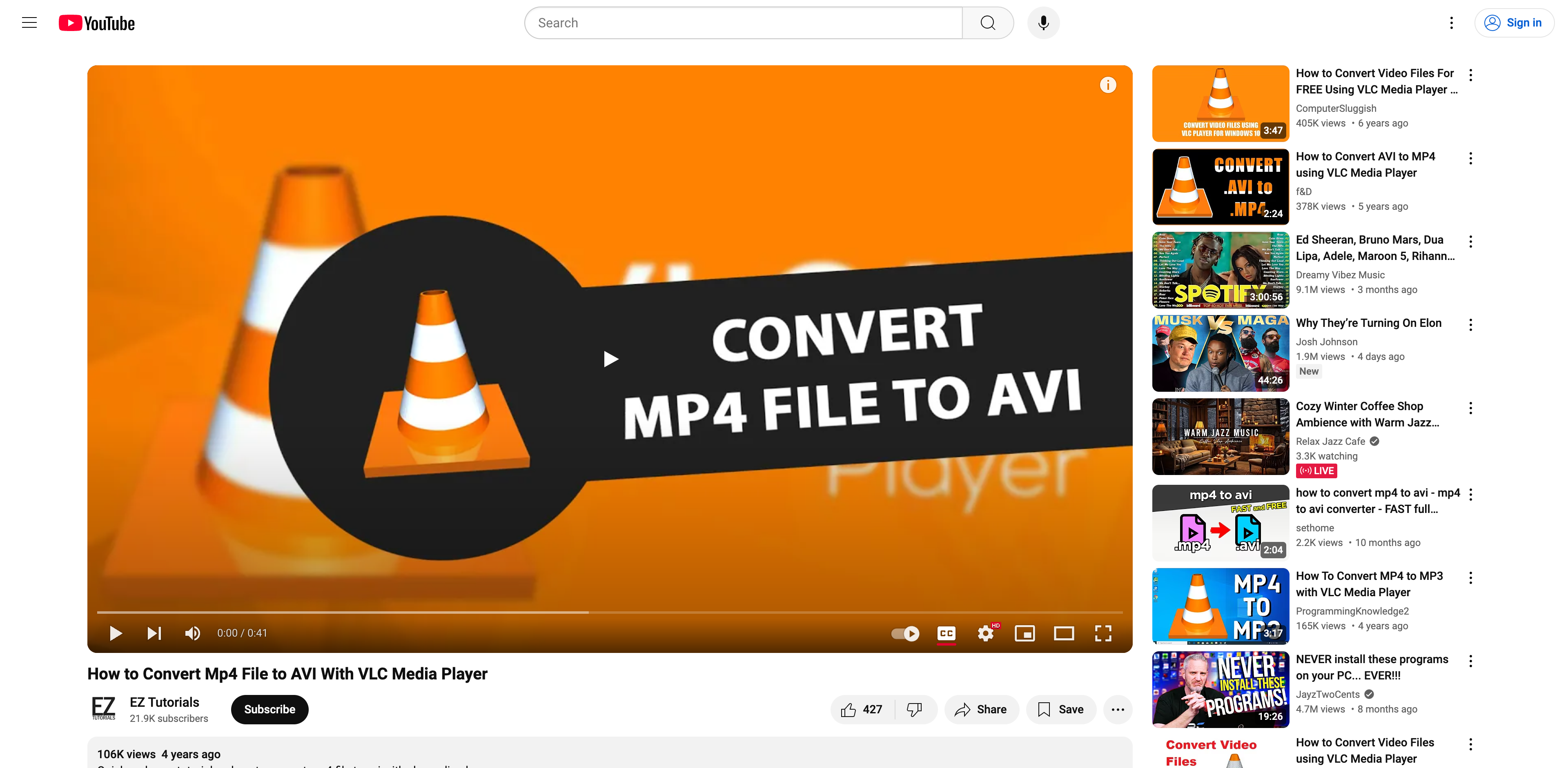 VLC Media Player MP4 to AVI Converter screenshot